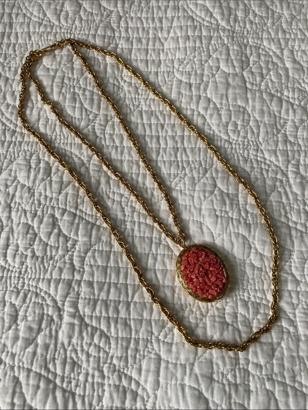 Gold-Tone Statement Necklace with Coral Pink Oval Locket Pendant